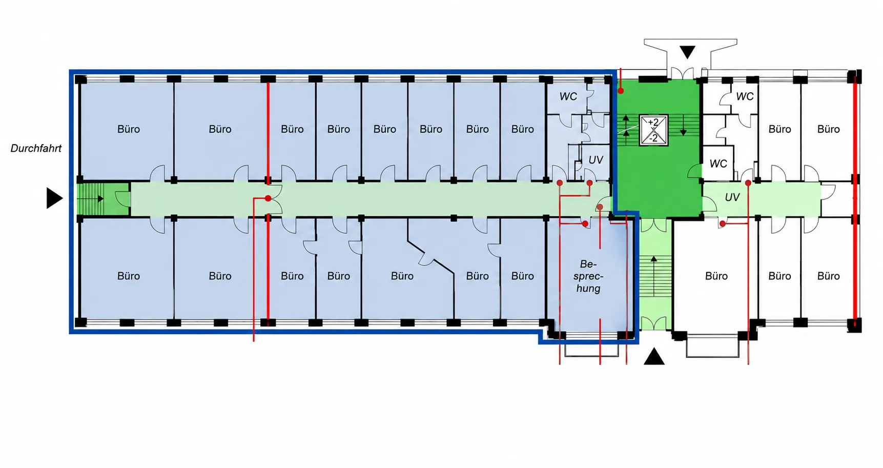 Grundriss EG – ca. 636 m² (Büros, Besprechung, Durchfahrt)