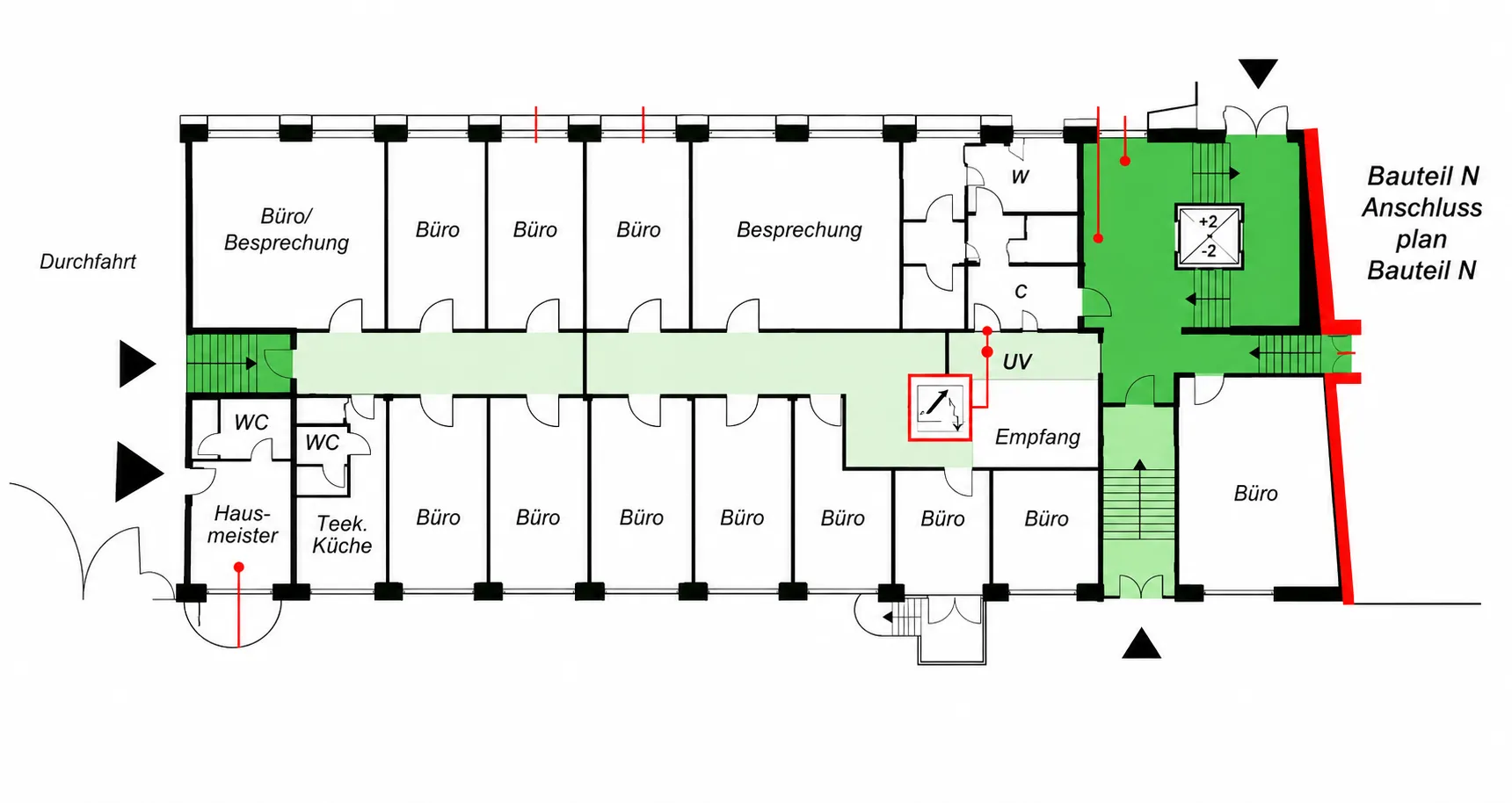 Grundriss EG – Gesamtübersicht (Empfang, Teeküche, Hausmeister)