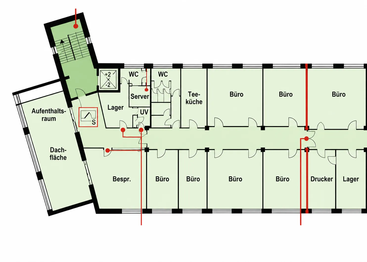 Grundriss 2. OG – ca. 593 m² (Server, Teeküche, Lager, Büros)