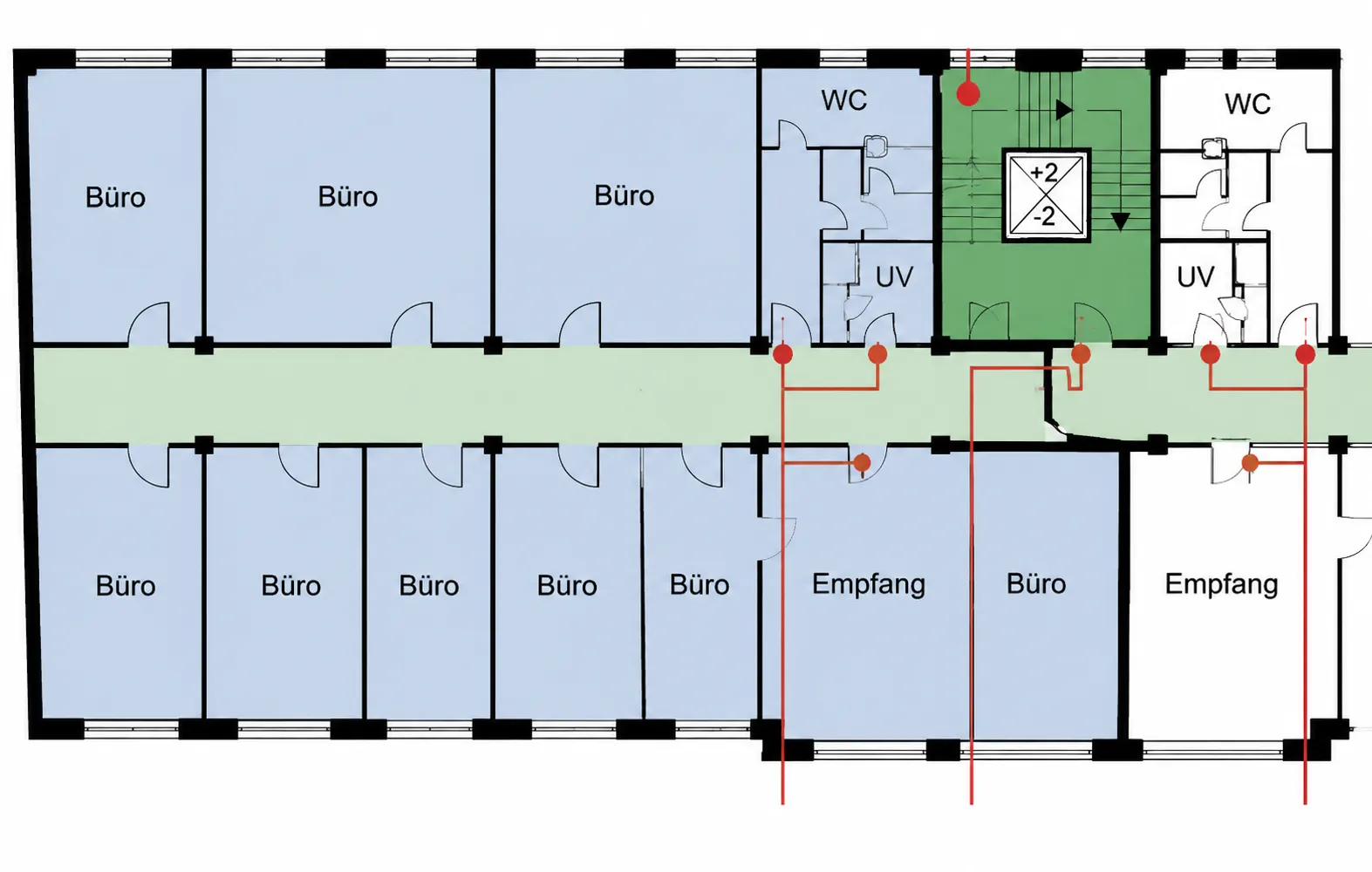 Grundriss 2. OG – ca. 348 m² (Empfang, Büros)