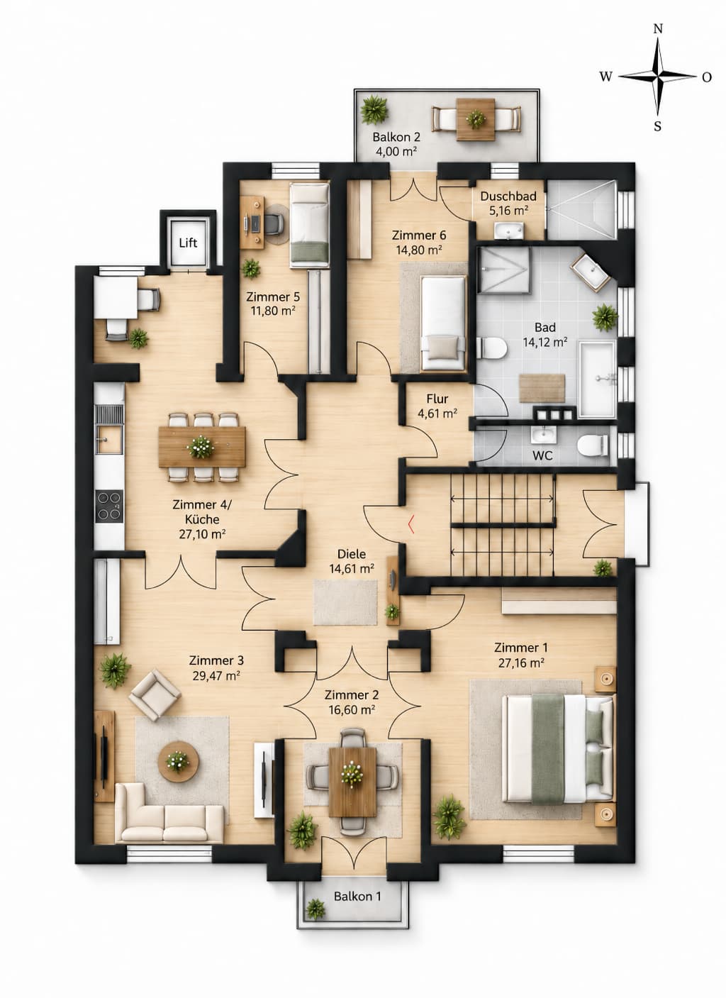 175 m² Beletage – klar organisiert um die zentrale Diele