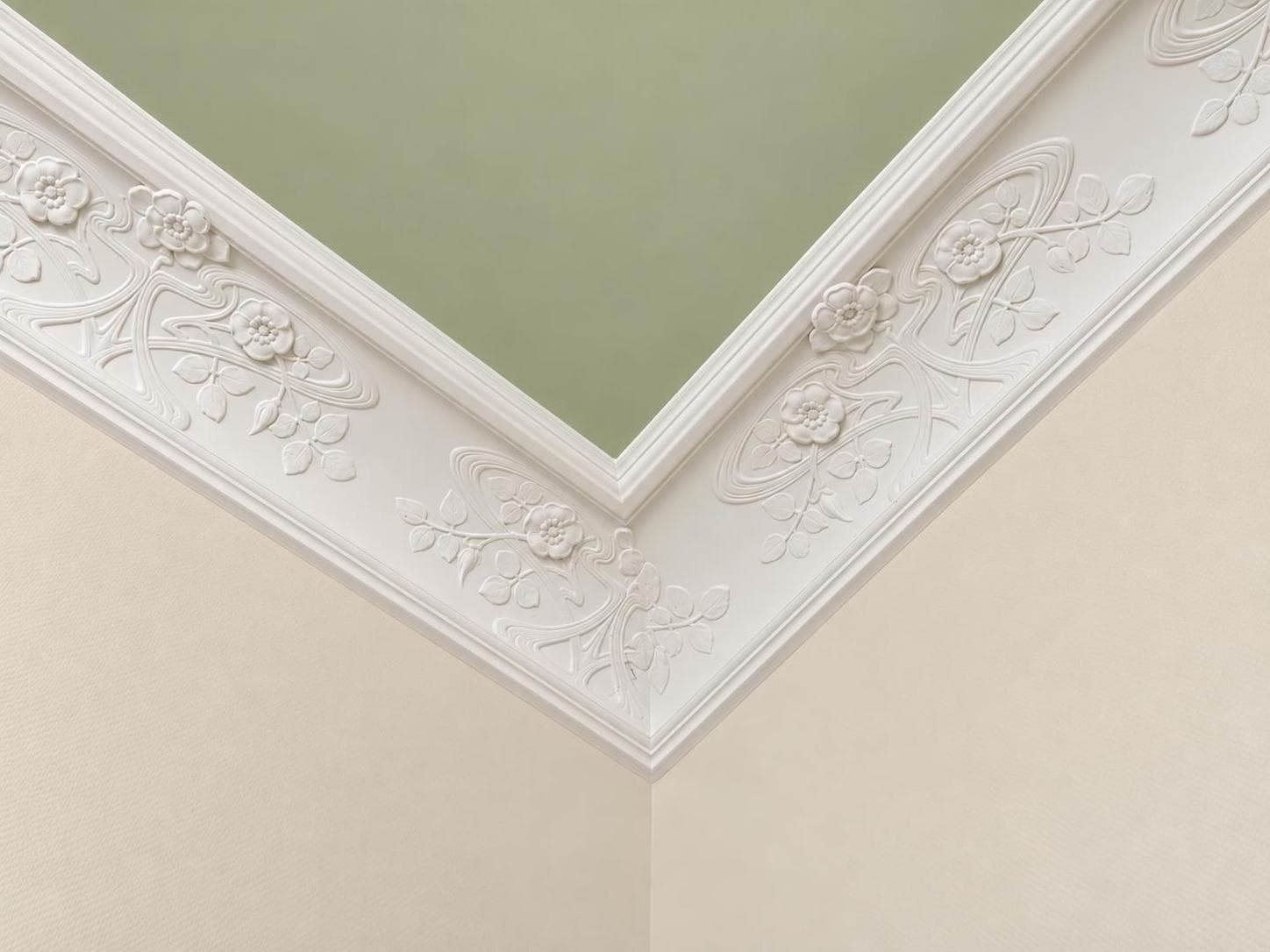 Stuckfriese wie gezeichnet – florale Ornamentik unter der Decke.