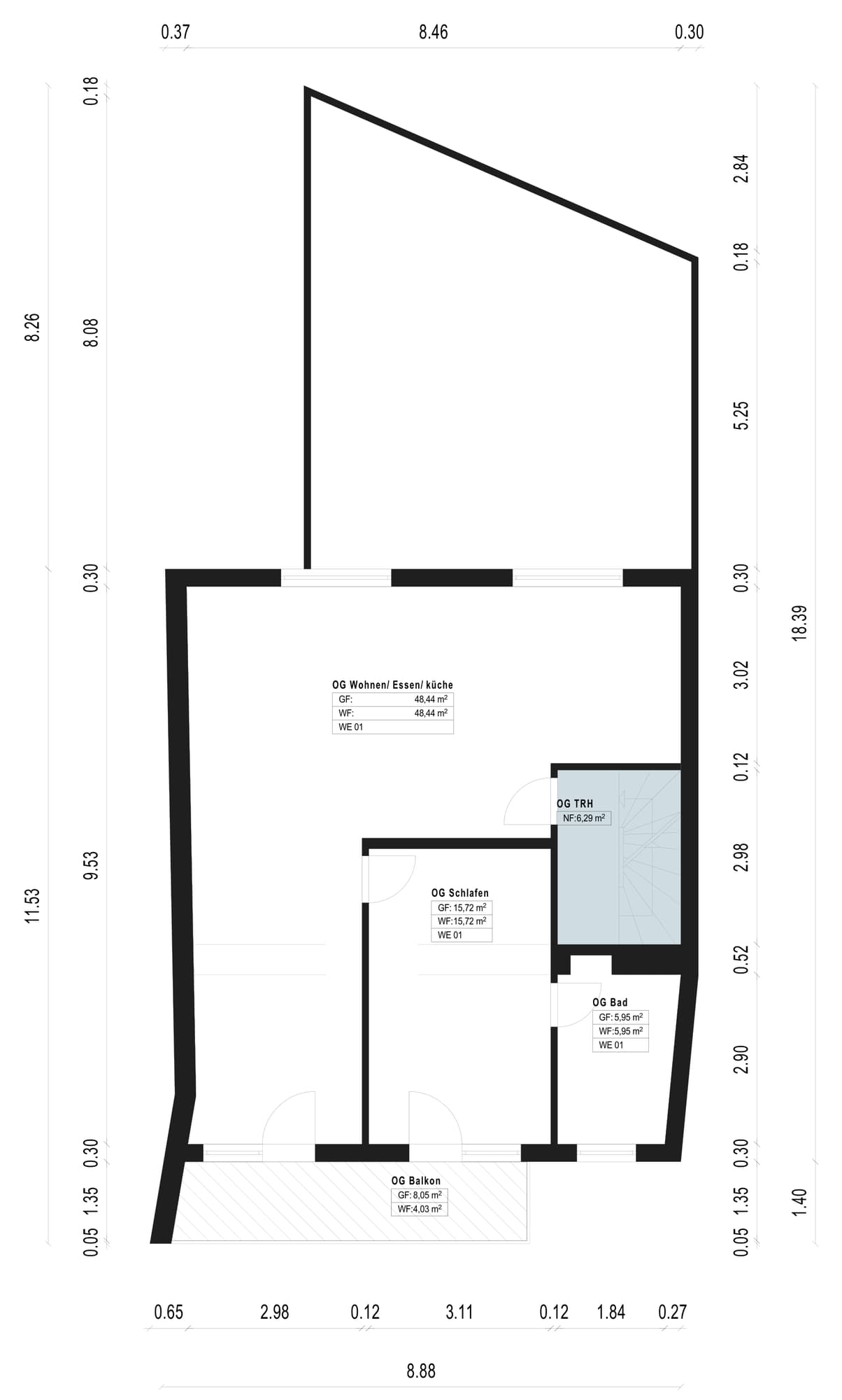 Zwei Einheiten, vier Ebenen – entdecken Sie die Aufteilung – 1. Obergeschoss – renovierte Einheit (ca. 72 m²)